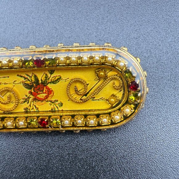 Maximal Art Vintage Bar Pin Gold-Tone‎ Floral Design With Pearls & Rhinestones - Picture 2 of 4